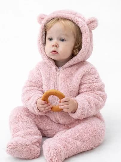 Тёплый плюшевый комбинезон для малышей с капюшоном и молнией — MYYBABY-MBSREDTAG1-РОЗОВ-5662