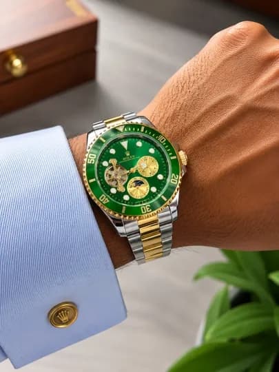 Мужские наручные часы Rolex. Механические мужские часы, ремешок из нержавеющей стали — WTCLINE-ROLEX699-ТЕМНЗЕЛ