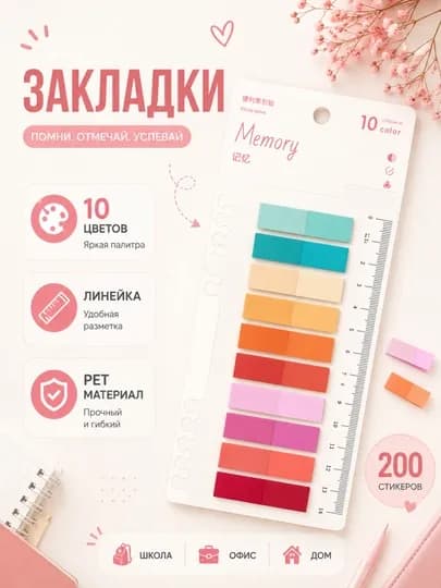 Цветные клейкие закладки, для книг и тетрадей (10 цветов) — WORLDD-KAROBKANEWSTIK4-БЕЖМЕЛ