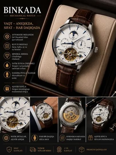 Мужские механические часы BINKADA Automatic Tourbillon с фазой луны, кожаный ремешок — WTCLINE-BINKADA900-СВЕТКОР