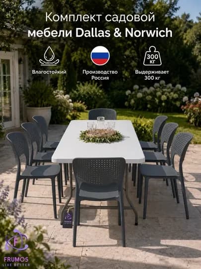 Комплект мебели Dallas & Norwich (стол + стулья): до 300 кг, штабелируется, влагостойкий — FRUMOS-КОМПЛЕКТDALLASNORWICHСАД-СЕРЫЙ-DAL2NO1