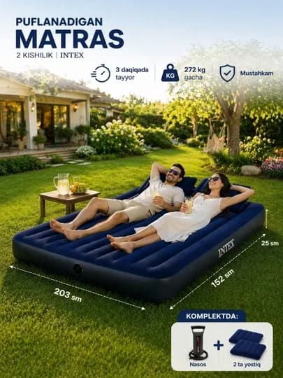 Двуспальный надувной матрас Intex с насосом и 2 подушками, 203×152×25 см — INTEX09-MATRASKATA