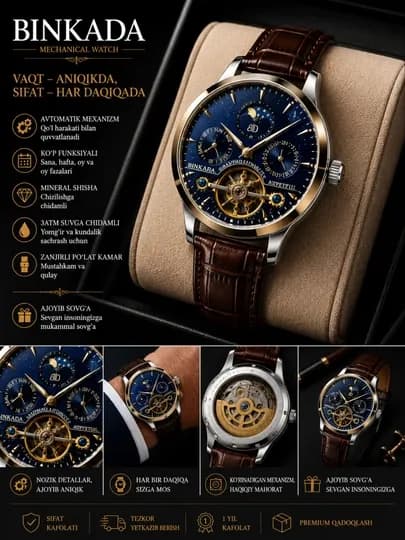 Мужские механические часы BINKADA Automatic Tourbillon с фазой луны, кожаный ремешок — WTCLINE-BINKADA900-ТЕМНКОР