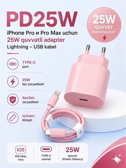 Зарядное устройство 25W USB-C Power Adapter + кабель + быстрая зарядка для iPhone — MELECTR-ZARYADNIK-КОНФЕТН