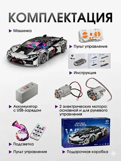 Конструктор лего, машина на пульте с мотором и LED-подсветкой — PANACCE-FULLCONSTRUCTOR-БЕЛЫЙ