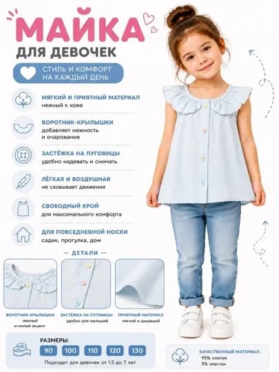 Майка детская для девочек хлопковая с кружевом, летняя, размеры 90–130 — ZUZIUZ-MAYKA-ГОЛУБ-92