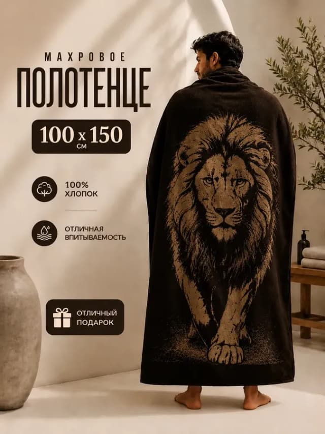 Подарочное махровое банное полотенце 100х150 см мужчине Лев