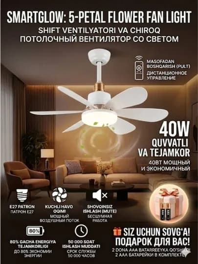 Люстра вентилятор SmartGlow, с пультом, патрон E27, LED — SGL-SGLDRN60W-БЕЛЫЙ