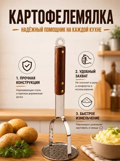Толкушка, картофелемялка, пресс для картофеля, мялка для пюре, пластиковая толкушка — HOMELO-TOLUSHKA-БОРДОВ