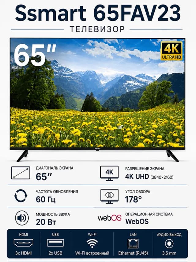 Телевизор SSmart 65FAV23 Smart TV 65", Чёрный