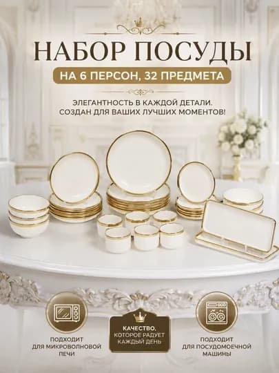 Керамическая посуда для кухни набор посуды на 6 персон европейский дизайн, из 32 предметов — SAINA-BELOYNABOR-БЕЛЫЙ
