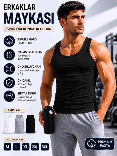 Мужская нательная майка, мужская майка, майка, 100% хлопок, белая майка — FINSHOP-MAYKA11-ЧЕРН-M