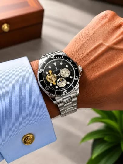 Мужские наручные часы Rolex. Механические мужские часы, ремешок из нержавеющей стали — WTCLINE-ROLEX699-ЧЕРН