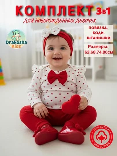 Комплект для новорожденных девочек (боди, штанишки, повязка), 100% хлопок — DRAKOSH-BODLEO1-БЕЛЫЙ-74