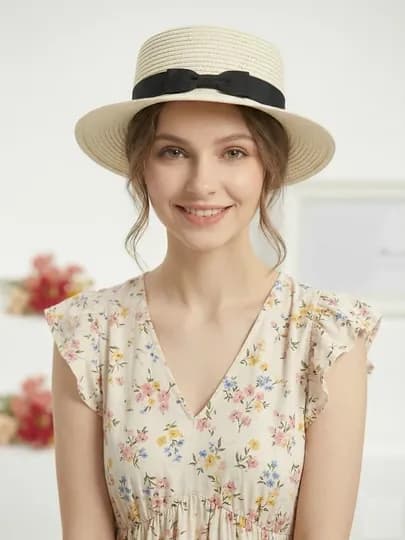 Женская шляпа, шляпа канотье женская соломенная весеняя летняя пляжная, черной лентой — AA0209-SHL101-МОЛОЧ