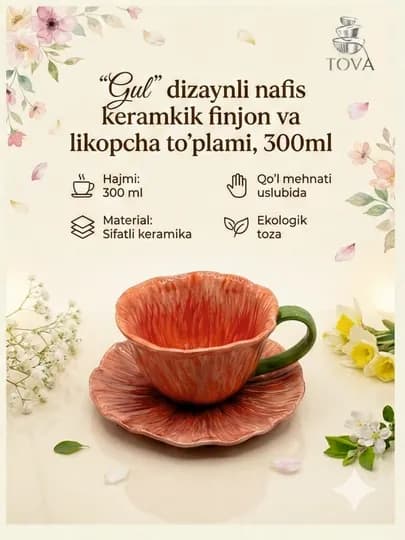 Чайная пара "Цветок": керамическая чашка с блюдцем, 300 мл — BARTOVA-FLOWERCUP300ML-КРАСН