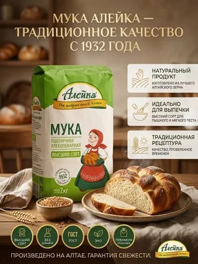 Мука пшеничная Алейка высший сорт , 2 кг для идеальной выпечки от щедрых полей Алтая — ALEYKA-ALMUKAVS2KG