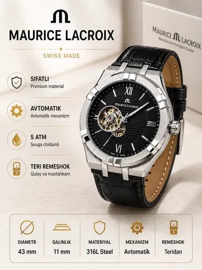 Механические наручные часы Maurice Lacroix Aikon Automatic с синим кожаным ремешком — ASIAWAT-MMMOUS-ЧЕРН