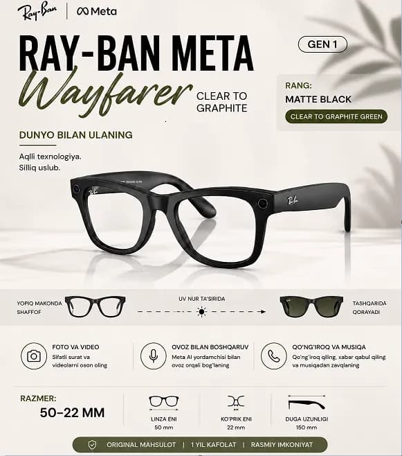 Умные очки Ray-Ban Meta Warfarer Clear to Graphite Green (Gen 1), Matte Black