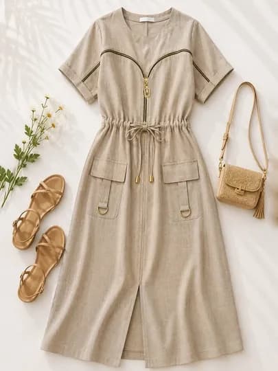 Женское длинное платье DEGO, размеры 46–62 (M–7XL) свободный крой, с карманами, на молнии — DEGO-207-БЕЖЕВ-46