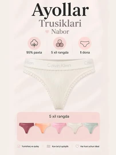 Женские трусы Calvin Klein, из хлопка 95%, 1 шт, слипы и стринги — ALTEX-ЖЕНСНАБОР5-ПРОЗР-L