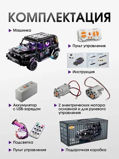 Конструктор лего, машина на пульте с мотором и LED-подсветкой — PANACCE-FULLCONSTRUCTOR-ХРОМ
