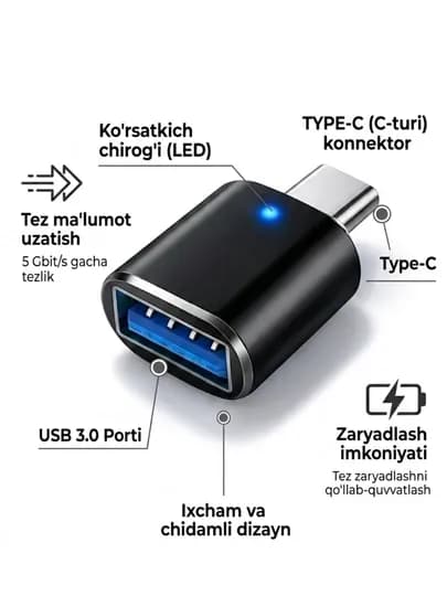USB-C HUB, многофункциональный адаптер с портами USB 3.0, USB-C, HDMI, SD и MicroSD — ALCHINA-OTG2-УГОЛЬН
