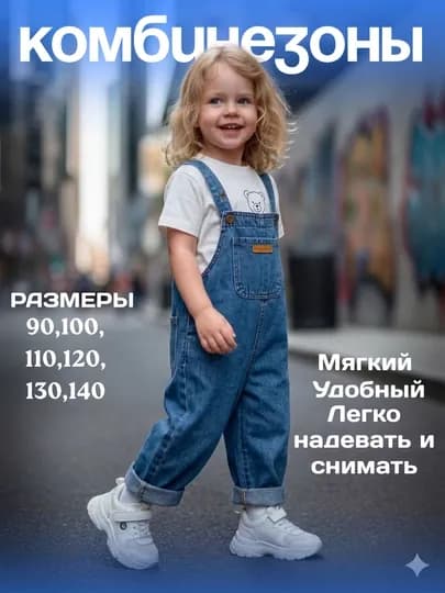 Джинсовый полукомбинезон для детей, в стиле oversize — MINELIO-KAMBINZON-СИНИЙ-4 года