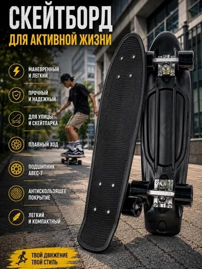 Скейтборд, пенни борд, круизер, пластиковый скейтборд, скейтборд ABEC-7, скейт для детей — GYMWAVE-SKEYT-ЧЕРН