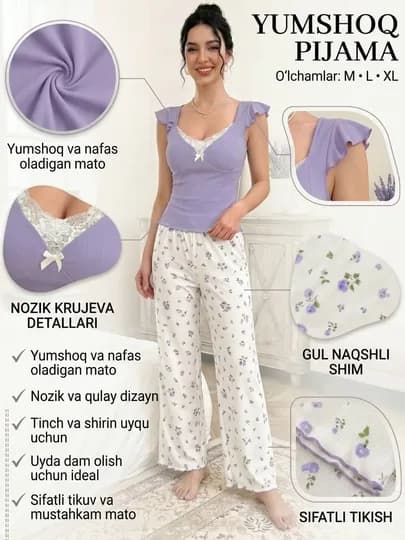 Женская пижама, двойка, домашняя одежда, комплект — YASISHP-PIJAMALADY-ЛАВАНД-ML