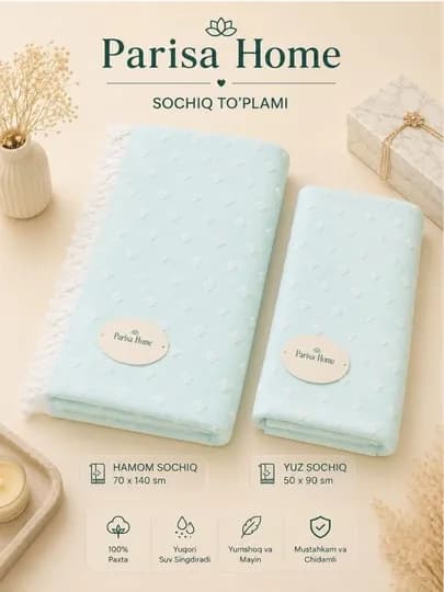 Набор полотенец Parisa Home Premium 2 шт – 100% хлопок, 70×140 + 50×90 см — LUMENA-PARISAHOMESOCHIQMINTPREMIUM2SET701405090100PAXTA-БИРЮЗ