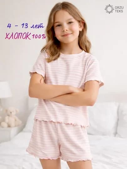 Пижама для девочки хлопок, комплект футболка и шорты, штаны для сна, ORZU-TEKS — ORZUKID-PIJAMAGIRL-РОЗОВ-110