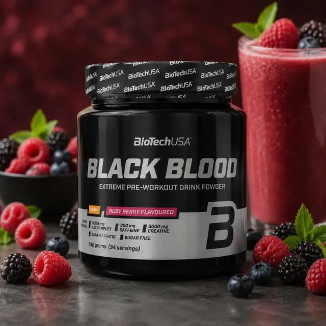 Mashqdan oldingi kompleks Black Blood NOX+ BioTechUSA (Ruby Berry) 340 g (34 srv)