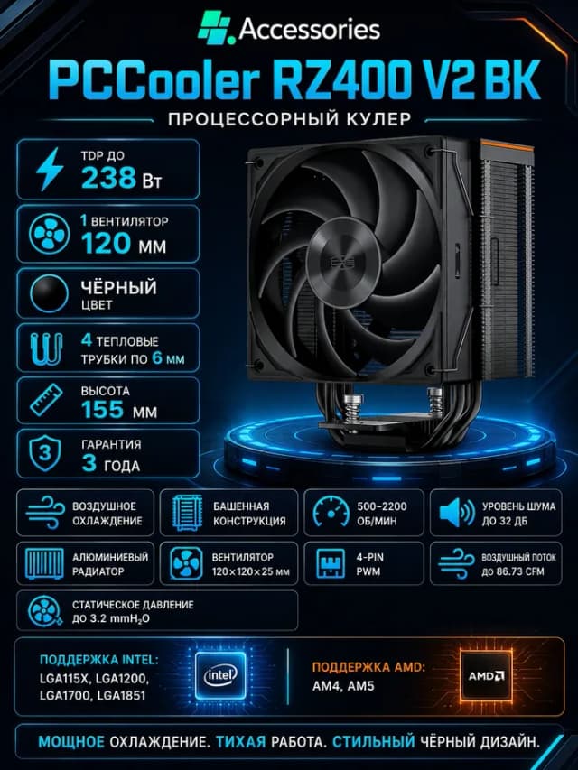 Кулер для cистемы охлаждения Pccooler RZ400 V2, чёрный