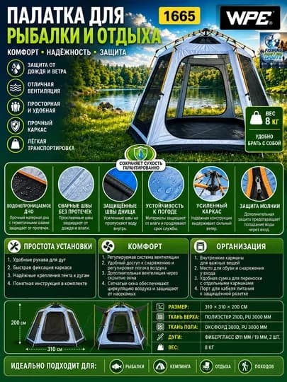Туристическая палатки, на 2-5, 5-8, 8-9, 10-12 человек — FISHHUN-CHODIRLAR-БЕЛЫЙ