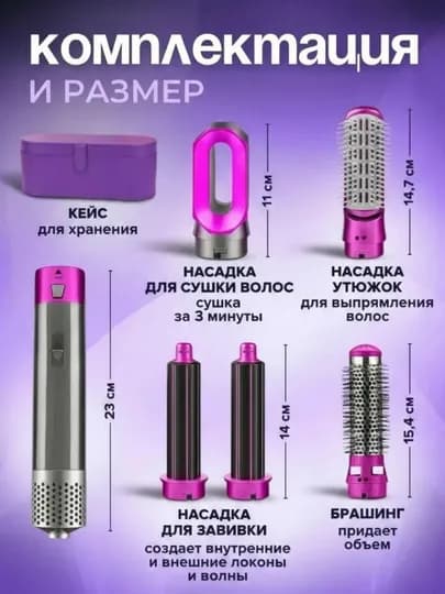 Фен-стайлер 5 в 1 – Сушка, Завивка и Объём, для всех типов волос — 5235689-SDFGHJKL-АМЕТИС
