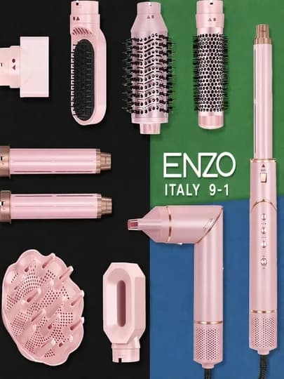 Профессиональный фен стайлер для волос ENZO-755P, 9 в 1, 1500 вт — VGRPROU-ENZO755P-РОЗОВ