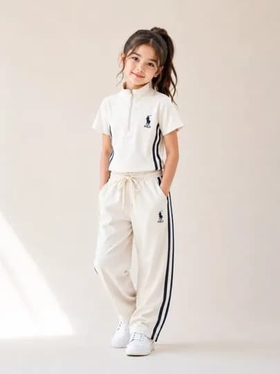 Спортивный комплект POLO для девочек 6-10 лет летняя детская одежда с широкими брюками — BLD24-POLOQIZSPARTIVKA25-ХАКИ-10 лет