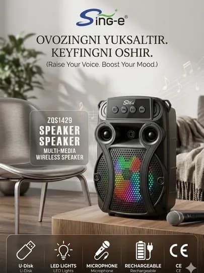 Колонка, Караоке колонка с микрофоном, Беспроводная караоке колонка — AY2023-KALONKA-ЧЕРН