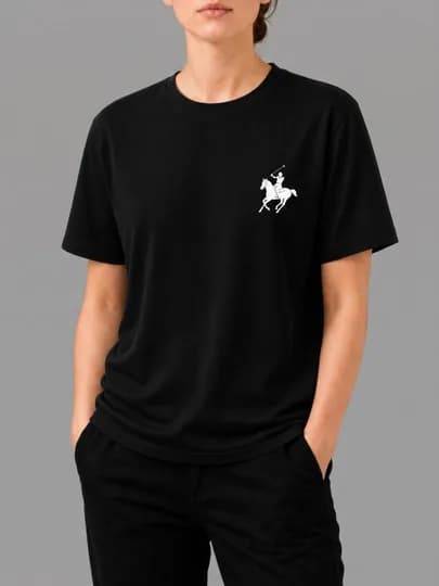 Женская хлопковая футболка оверсайз Polo Ralph Lauren, с коротким рукавом и принтом лошади — N0L-HOPRT0801135550-ЧЕРН-XL