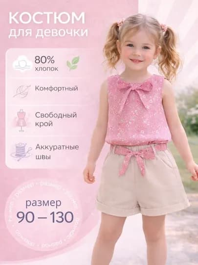 Детский летний костюм для девочки (блузка + шорты), 90–130, хлопок, с бантиком — 2CHIMAG-BANTIKBLUZKA-КРАСН-2 года