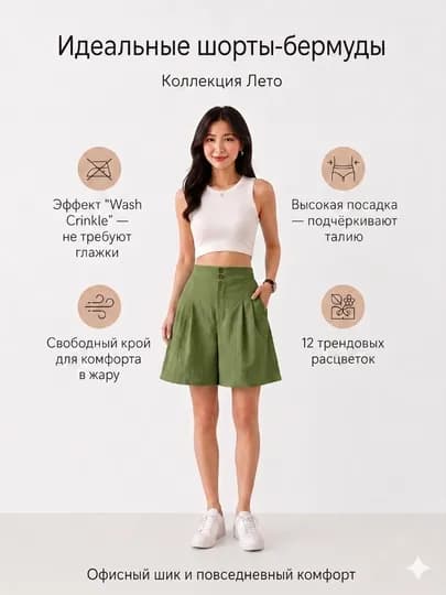 Женские шорты-бермуды, высокая посадка, свободные, летние, 12 цветов — CAWEAR-CWSHORTCLAS-ТЕМНЗЕЛ-S