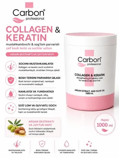 OMEGA Carbon Professional Бальзам для волос Collagen & Keratin Питает и придаёт гладкость — HYAL-HAYALCARBON-КОРАЛЛМЕЛ-1000ML