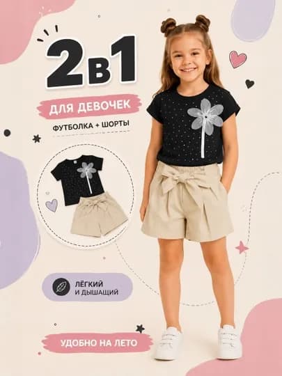 Летний комплект для девочек: футболка и шорты с принтом мишки, 3-5 лет — 4062022-BBBBB-РЫЖИЙ-5 лет