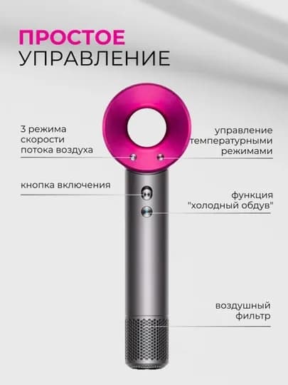 Фен, для сушки и укладки волос, 7 насадок, Dayson. 1600W профессиональный, с ионизацией — BYUTI-7GA1FEN