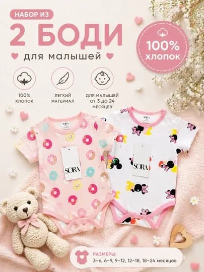 Детское боди Sora с коротким рукавом, в наборе 2 штуки — TIMAКД-БОДИФУТБОЛКА-ПУДР-69МЕС