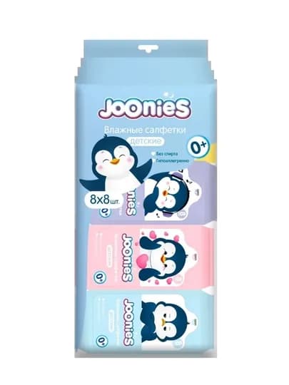 Влажные салфетки пачка Joonies Mini, 99% воды, без спирта и отдушек, с витамином E, 8 штук — JOONIES-473-ГОЛУБ
