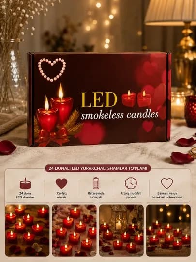 Светодиодные LED-свечи без пламени, романтические, в форме сердца, красные — OSIYOFT-LEDSHAMLAR-КРАСН
