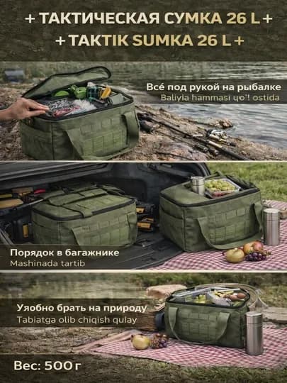 Сумка для рыбалки 26л, органайзер для отдыха и пикника, Oxford 900D — TERRA26-ТА1016-ЗЕЛХАКИ-40х30х2