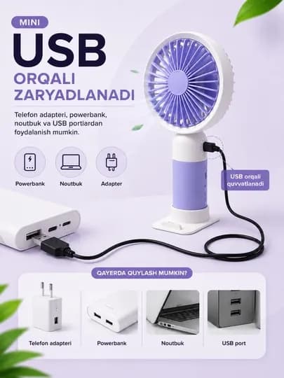 Портативный мини USB вентилятор для рук и стола, аккумуляторный охлаждающий вентилятор — SHVEX-MINIVEN-ФИОЛЕТ